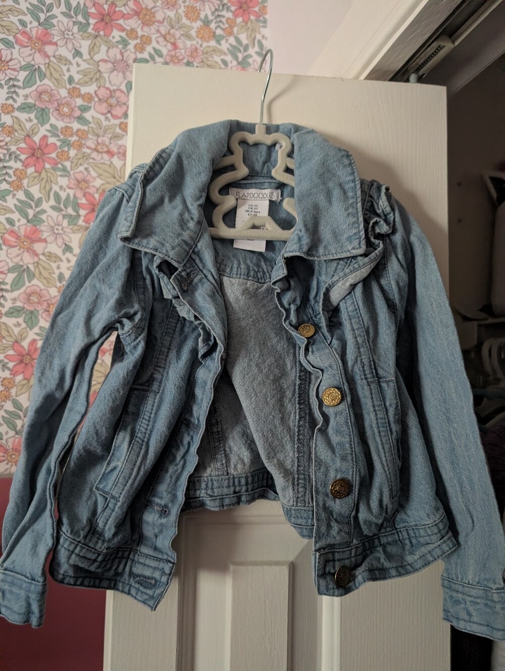 Ruffled Light Wash Denim Jacket with Gold Buttons